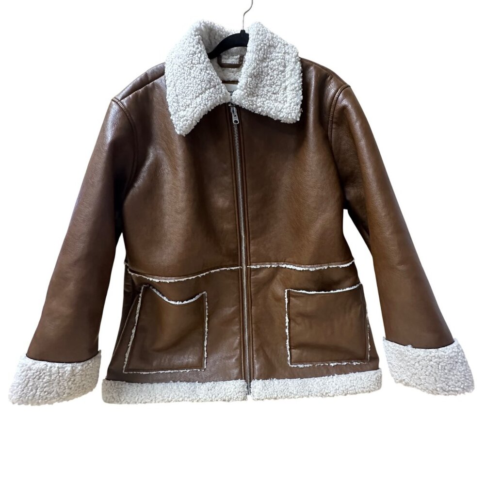 Abercrombie & Fitch NEW Womens Brown Faux Leather Sherpa-Lined Jacket LARGE